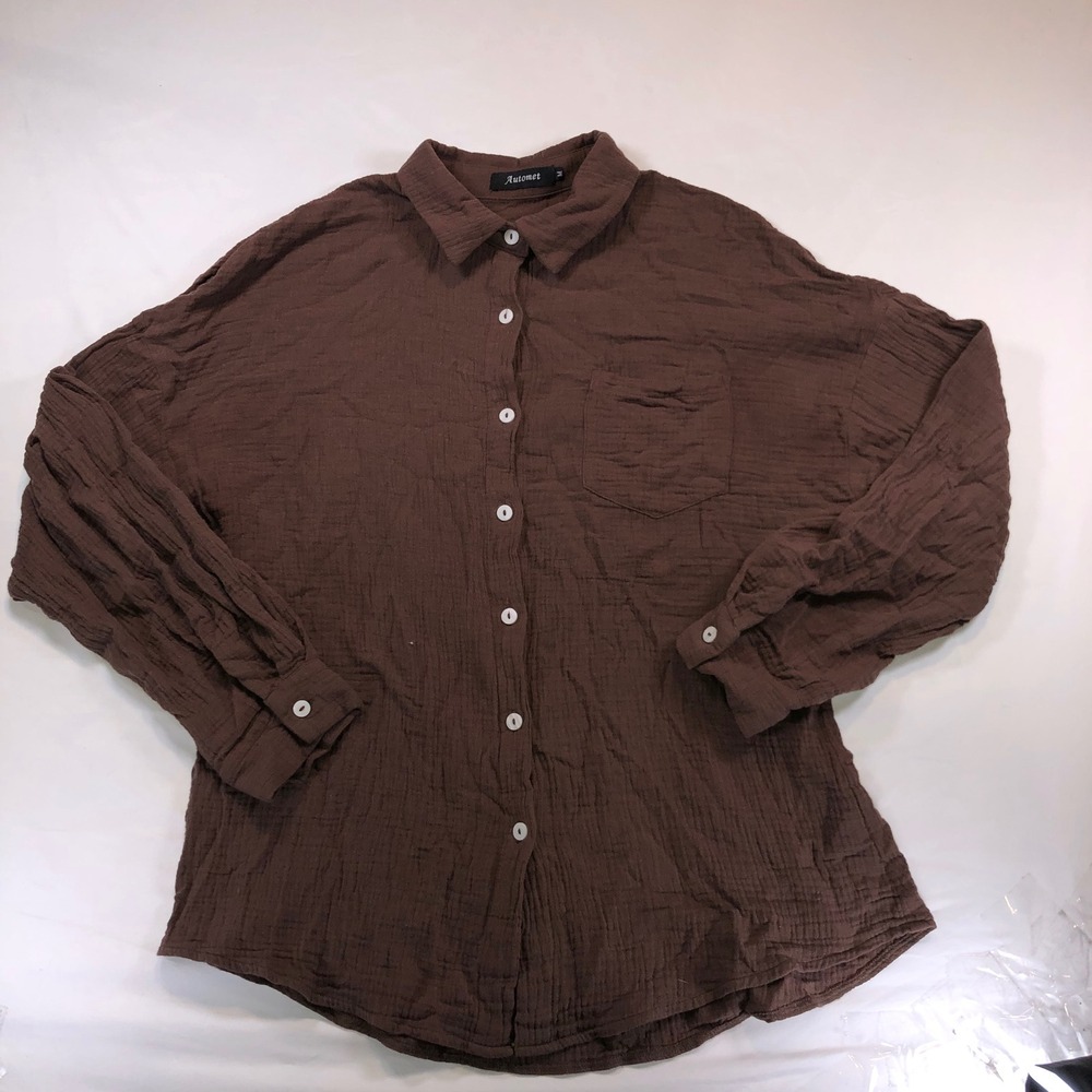 Automet Womens Brown Gauze Button Up Shirt Long Sleeve Rayon Crinkle Top Size M